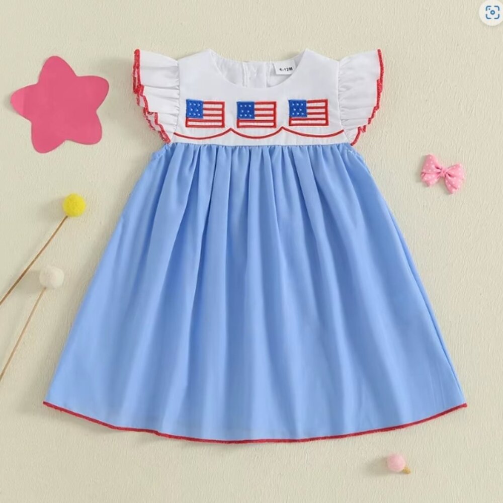 4th of July Embroidered Flags Girls Sleeveless Dress